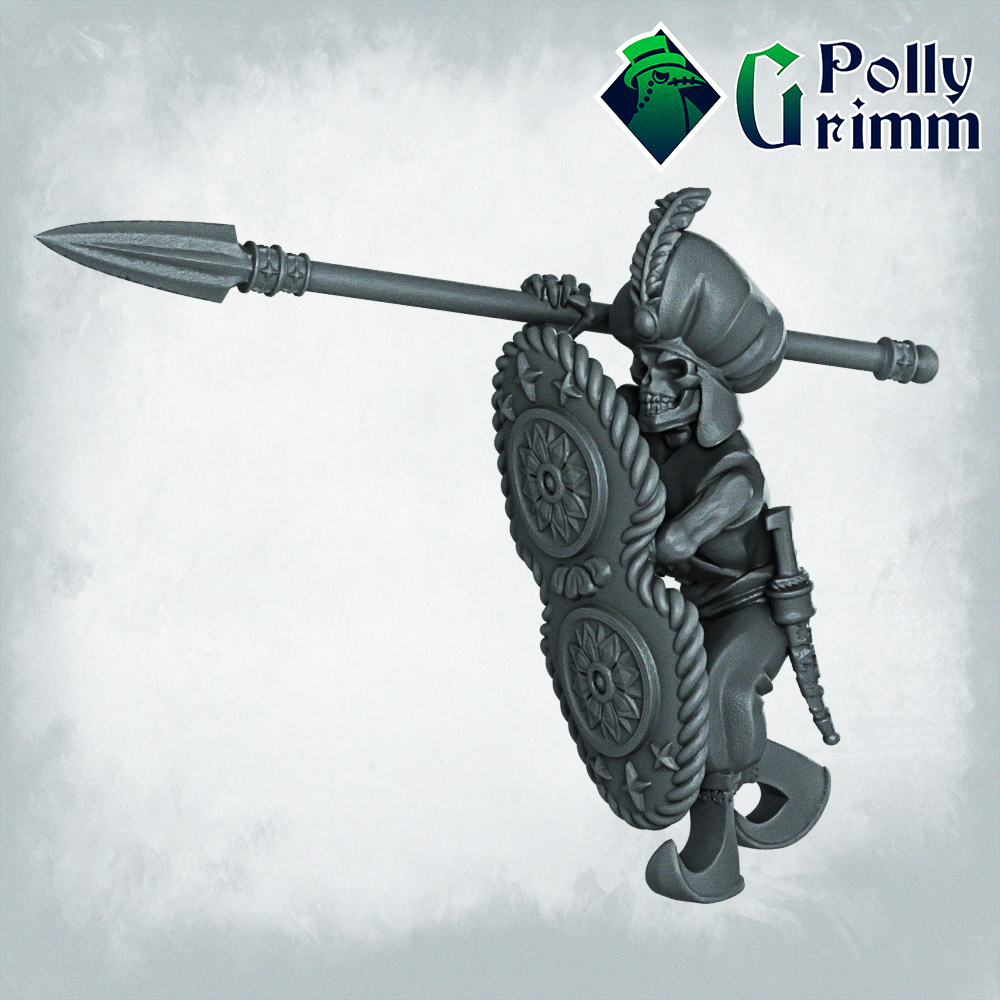 Fantasy and historic miniatures for tabletop games. Arabian Nightmare. Skeleton army. Soldier with spear and shield